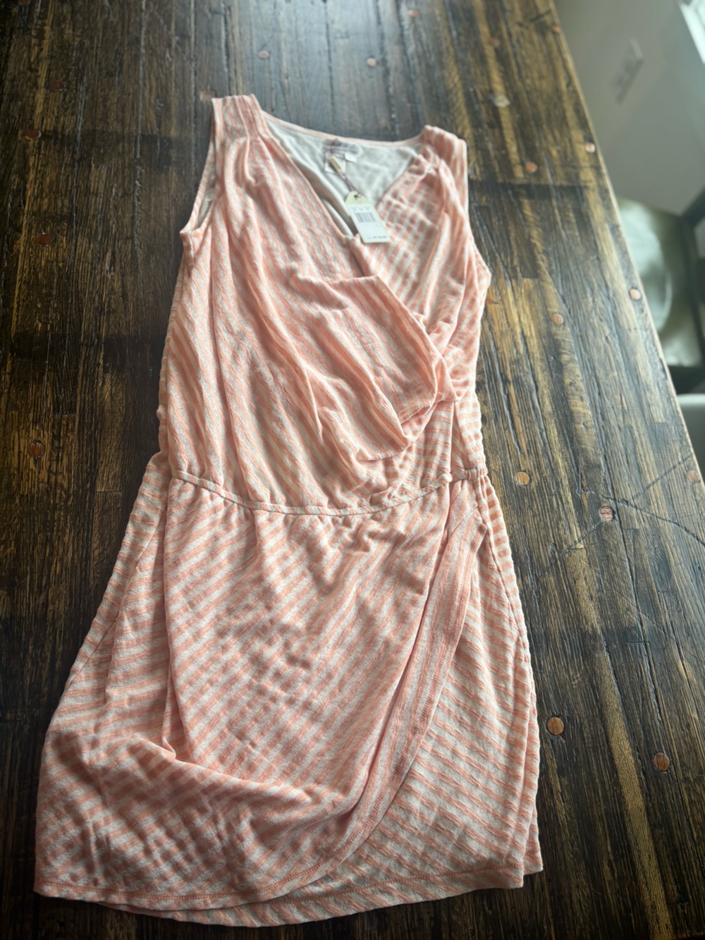 NWT Sleeveless Peach & White Striped Wrap Dress double lined